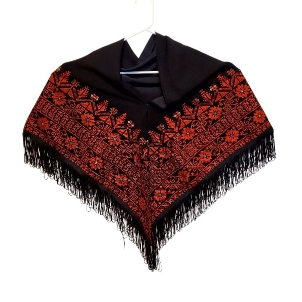Chic Elegant Black and Red Tapestry Wrap Shawl Poncho
